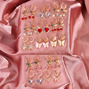 Женские серьги-подвески Flatfoosie, в стиле бохо, с бабочкой, вишней, с кристаллами, в форме сердца, золотого цвета, 2021