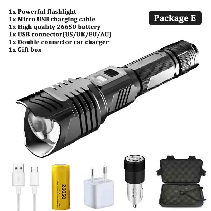 Package E Яркий XHP90 светодиодный фонарь высокой мощности водонепроницаемый тактический фонарь с зумом с USB входом и выходной функцией походная охотничья лампа - Испускаемый цвет: Package E