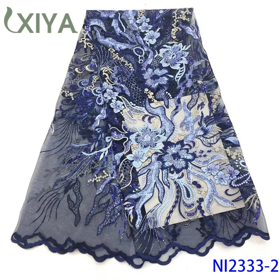 Темно синяя африканская французская Тюлевая ажурная кружевная ткань Вышитый