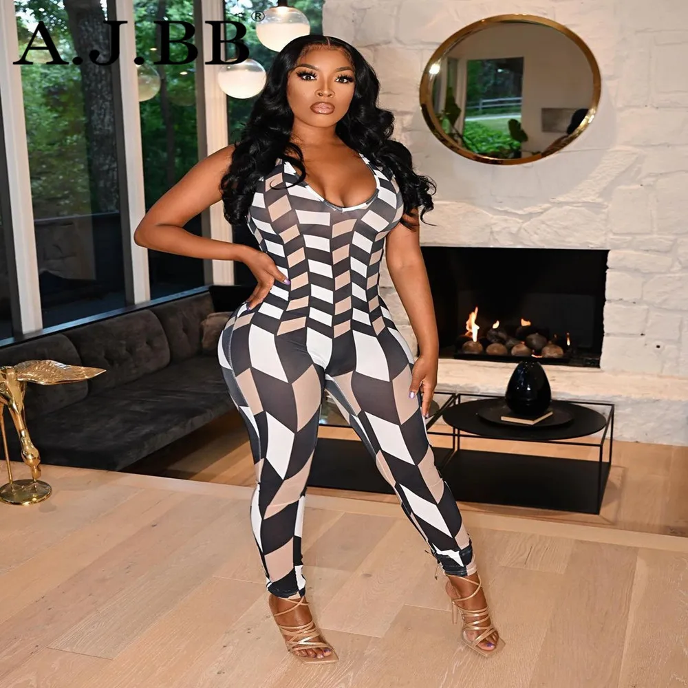 

2021 summer new fashion Plaid print sports Jumpsuit slim U-neck sleeveless women's Vest pants
