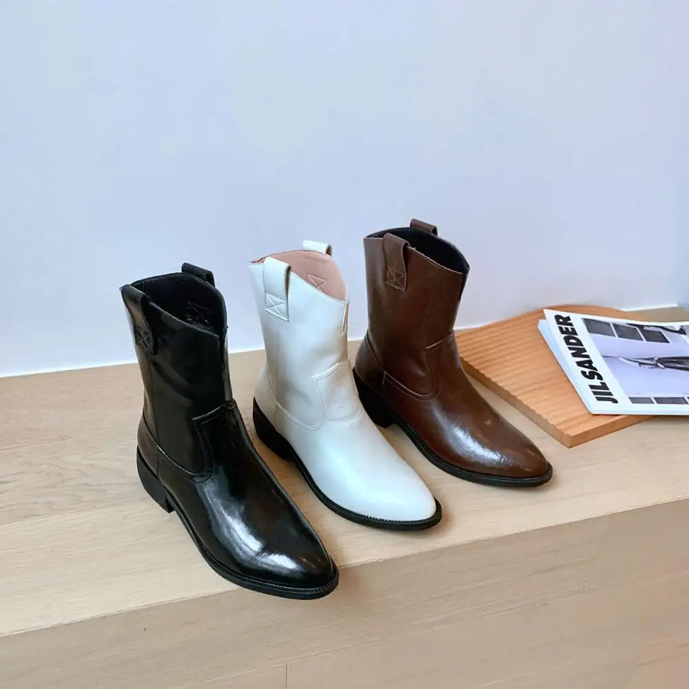 

Vichelo Hot high quality split leather three colors western boots pointed toe thick med heel slip on daily wear ankle boots L04