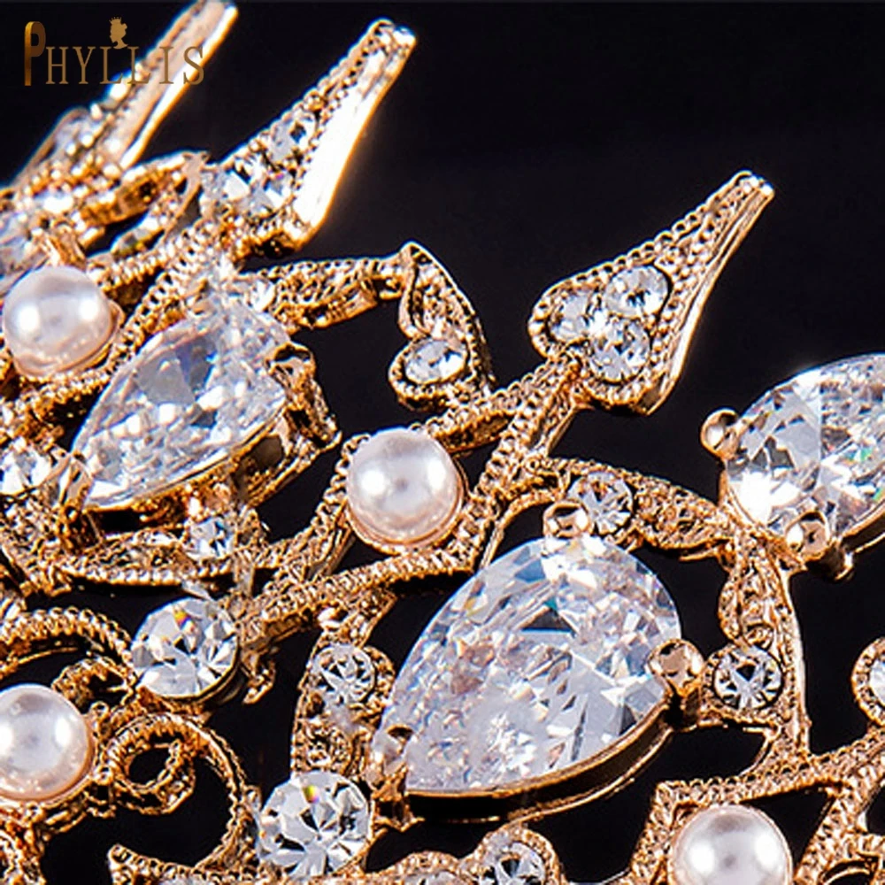 

PHYLLIS A16 Luxury Gold Wedding Headband Crown Wholesale Bridal Tiaras Zirconia Wedding Headwear Vintage Baroque Queen Headpiece