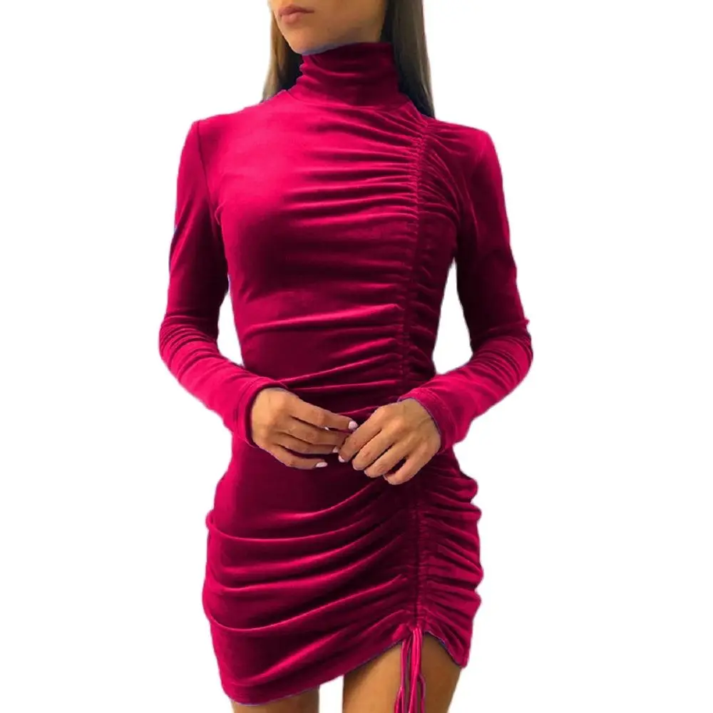 

Autumn and Winter 2021 Fashion New Women's Suede drawstring half high collar long sleeve tight buttock one step skirt short skir