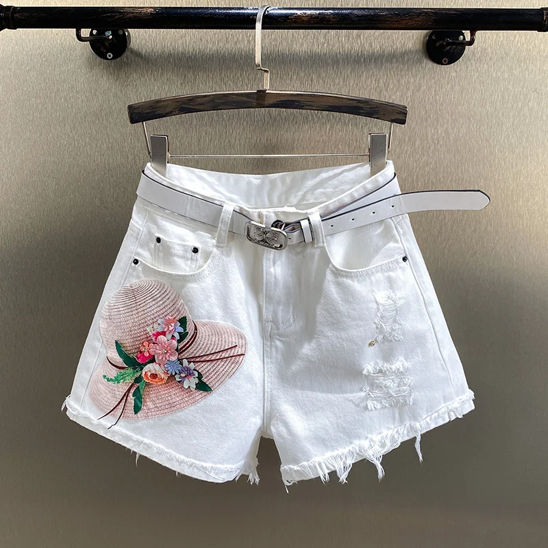 Women Casual Summer Flowers Applique High Waist White Jean Shorts Straw Hat Embroidery Denim Shorts