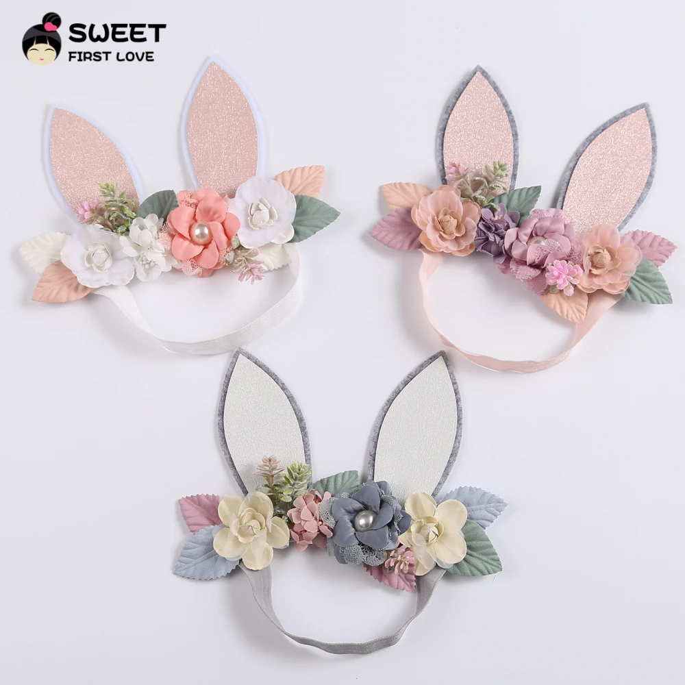 

Baby Wide Bunny Ear Floral Headbands Photography Prop Lacehair Bows Bands For Infant Toddler Hairbands Hair Accessories