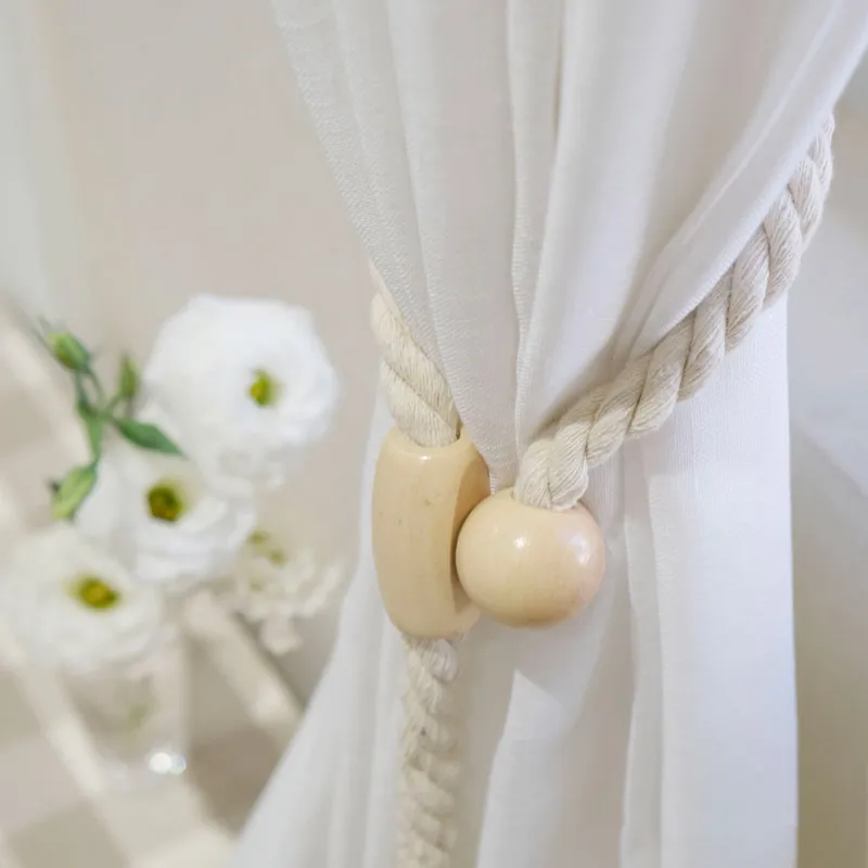 

Magnetic Curtain Tiebacks Hand-Woven Rope Boho Holdbacks Ties Back with Durable Wooden Buckle Beige for Office Home décor TJ6837