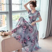 high quality 2021 summer dress for women v collar floral printed short sleeve women chiffon long dress