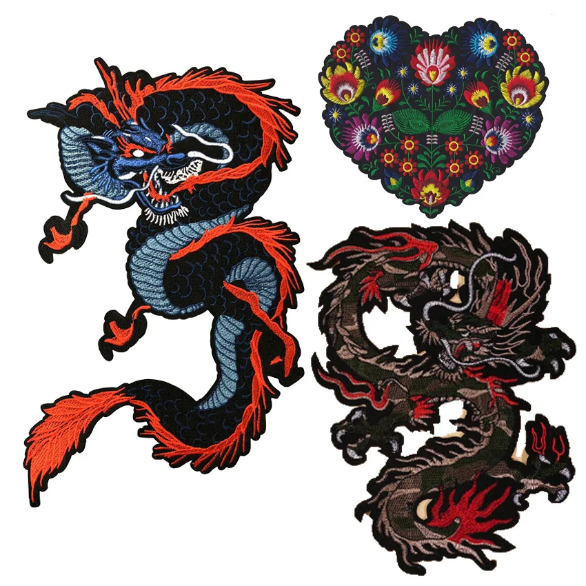

Love Heart Shape Flower Dragon Embroidered Patches Creative Red Blue Applique Handmade DIY Clothes Sewing Supplies Accessories