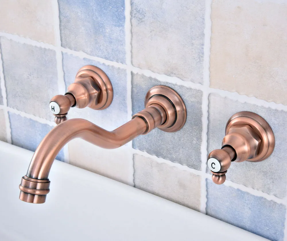

Wall Mount 3-hole Bathroom Faucet Antique Red Copper Basin Sink Mixer Tap Widespread Dual Handles Tub Sink Faucet Wsf522