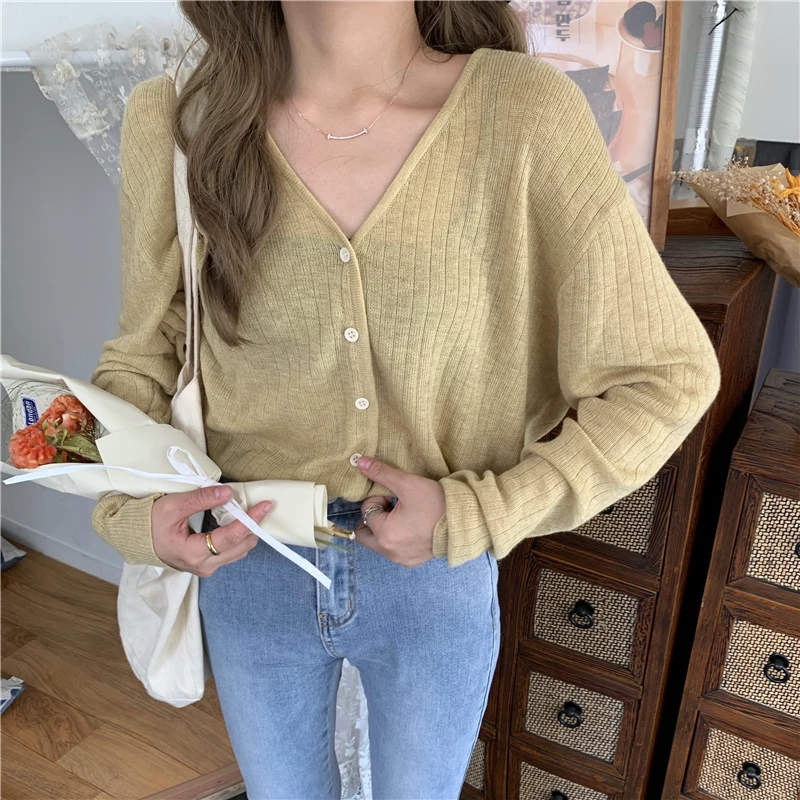 

Orange Outerwear Cardigan Jacket Women's Spring 2020 Korean Style Loose Comfortable Long Sleeve Thin V-neck Knitted Top
