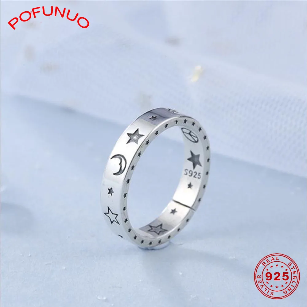 POFUNUO, 925 пробы, серебряные кольца, луна, звезда образец, подарки для влюбленных, хорошее ювелирное изделие, кольца для женщин, кольца с изменяемым размером
