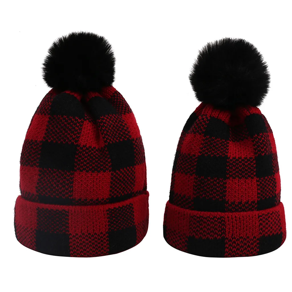 

Parent-child Style Hat Fashion Winter Autumn Hairball Lattice Caps Adult Children Knitted Beanies Thick Warm Vogue Ladies Wool
