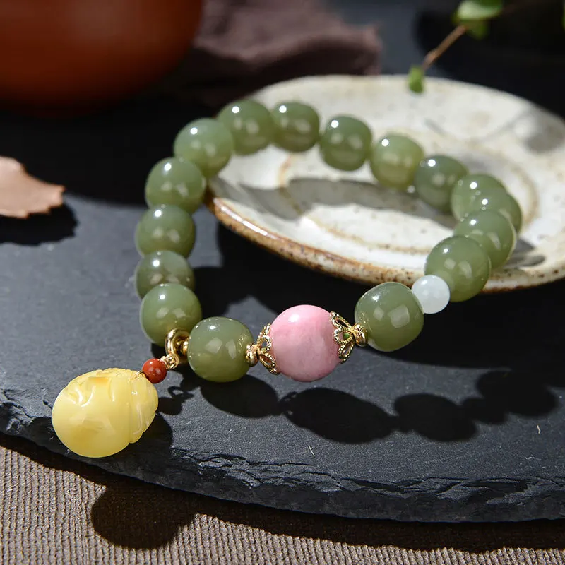 

Nature Gemstones Beading Nephrite Bracelets for Women Elastic Rope Pink Shell Bracelet Beeswax Amber Jewelry 925 Silver