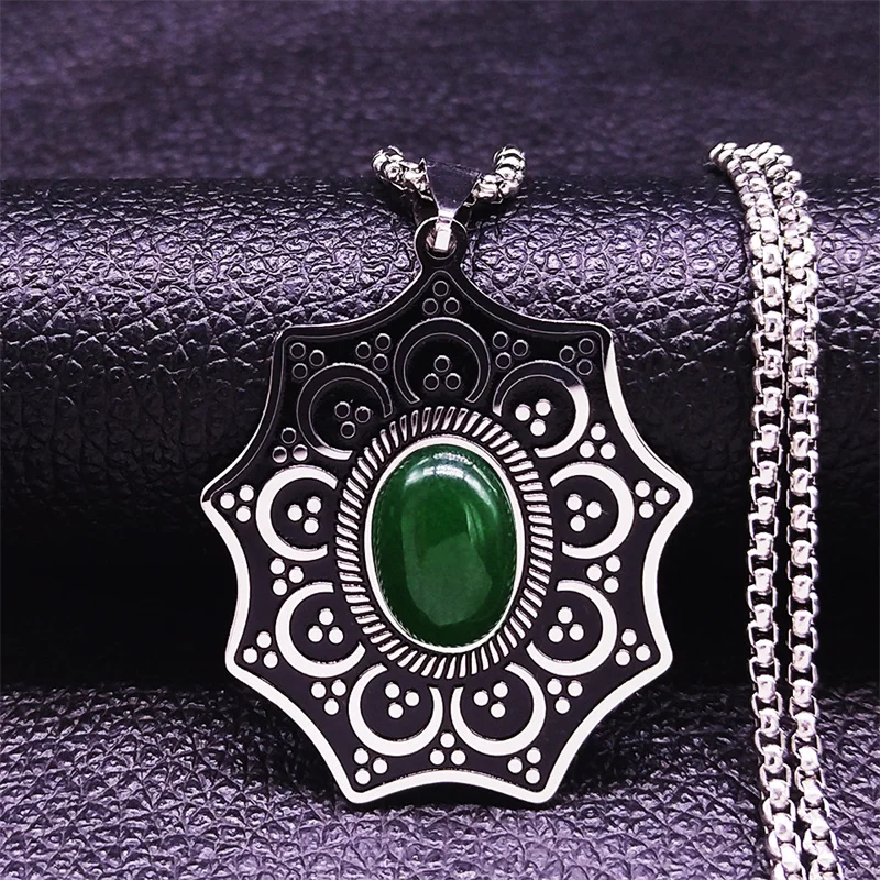 

Stainless Steel Aventurine Stone Necklaces Silver Color Bohemian Flower Chain Necklaces Jewelry cadena acero inoxidable N3716S04