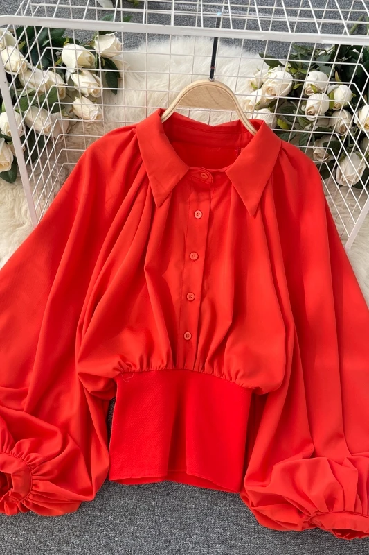 

SuperAen 2021 New Fashion Waist Short Top Lantern Sleeve Solid Turn-down Collar Womens Tops