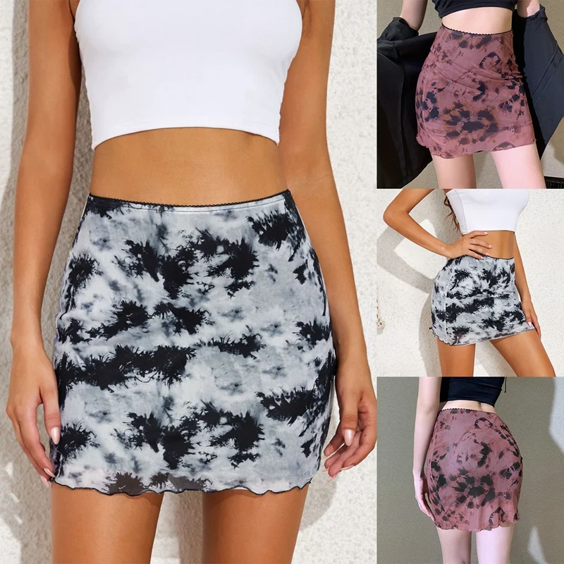 

High Waist Tie Dye Mesh Mini Skirts Ruffles A-Line Skirts Y2K Vintage Outfits Double Layer
