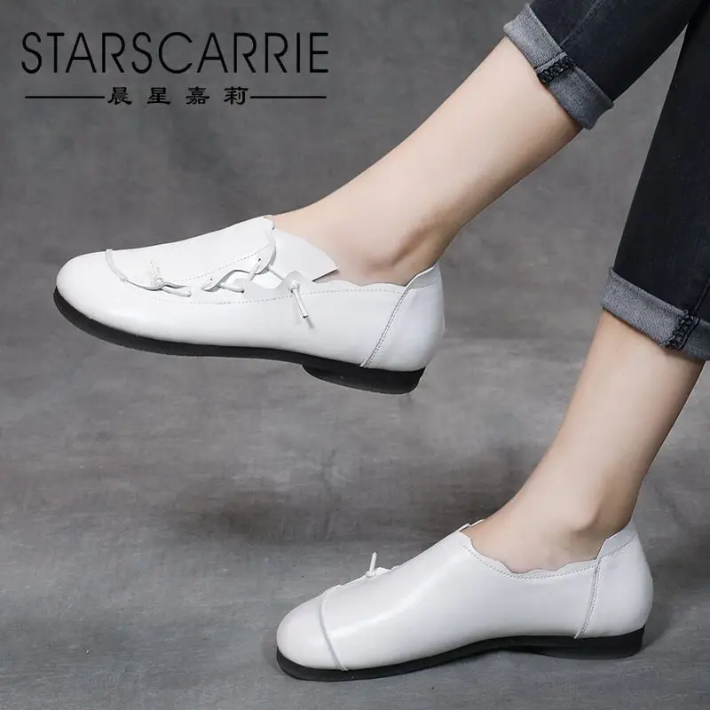 

Cow skin shallow mouth single shoes women's 2021 spring new retro mom shoes cow tendon soft sole handmade shoes