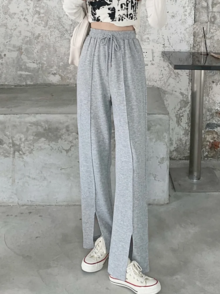 

Gray Split Sports Casual Pants Women's Spring and Autumn Straight Tube Loose 2021 New Design High Waist Wide Leg Pants