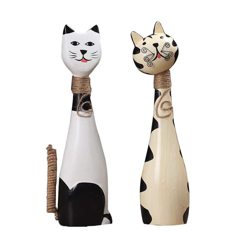 

Hand Painting Couple Cats Statue Miniature Model For Home Decoration Figurines Handcrafts Wooden Ornament Living Room Decor Gift