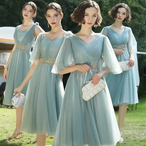 Bridesmaids Dress Illusion Sleeveless V-Neck Pleat Sequined Beading Embroidery A-Line Tulle Vintage Lady Wedding Party Gown E334