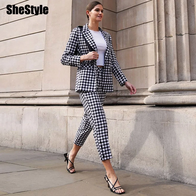 Shstyle клетчатый Блейзер брюки костюм для женщин офисная работа клетчатый Повседневный уличная осенний комплект из 2 предметов для женщин Униформа зимние костюмы