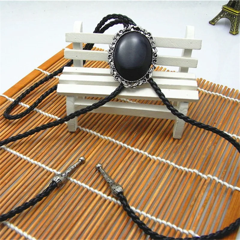 Bolo галстук Ретро рубашка цепь Имитация обсидиана Пуаро веревка кожаное ожерелье