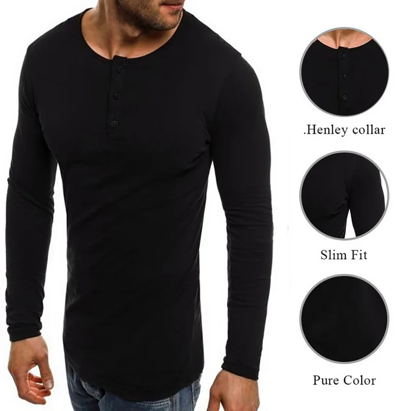 Мужская Однотонная футболка на пуговицах Повседневная облегающая с длинными