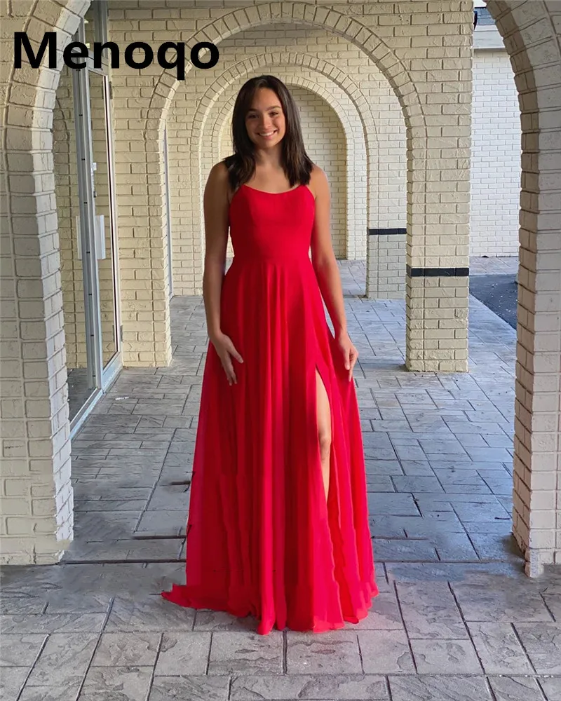 

Red Chiffon Prom Dresses Spaghetti Straps Evening Dress Side Slit Long A Line 2020 Women Party Gowns Robe De Soiree Custom Made