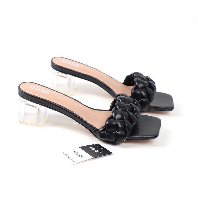 

Women's shoes Black slippers high-heeled 2020 summer Crystal heel all-match thick-heeled sandals one-word mid-heel solid color