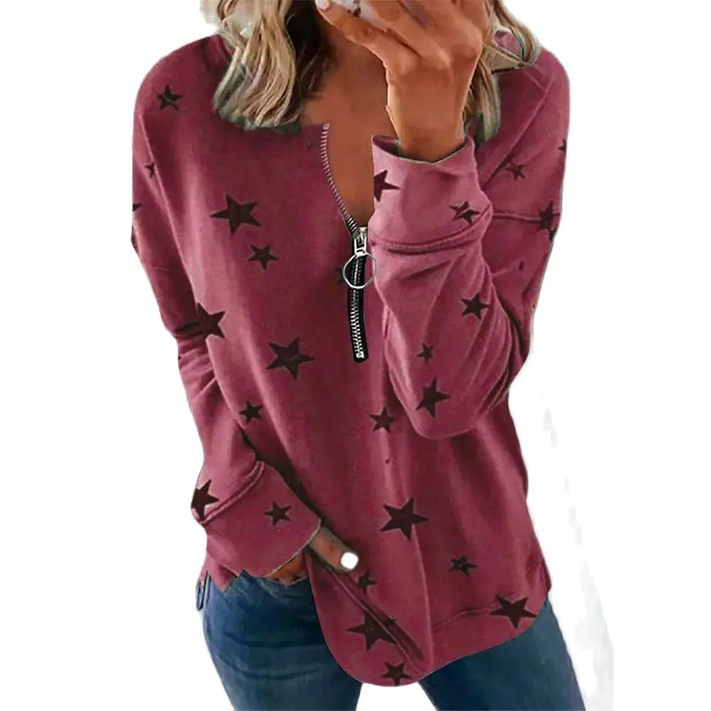 

2021 Women Long Sleeve Star Print Half Zipper Long Sleeve Sweatshirt Tops Autumn Winter Ladies Casual Long Hooded Coat Pullover