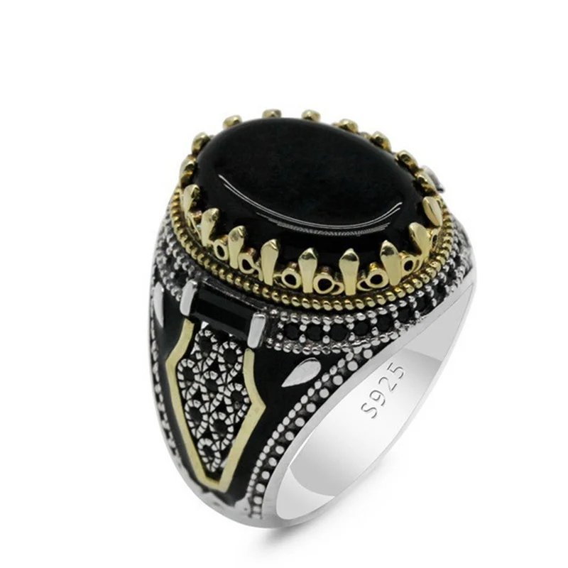 

Retro personality two-color men's and women's rings European and American fashion men's black agate ring