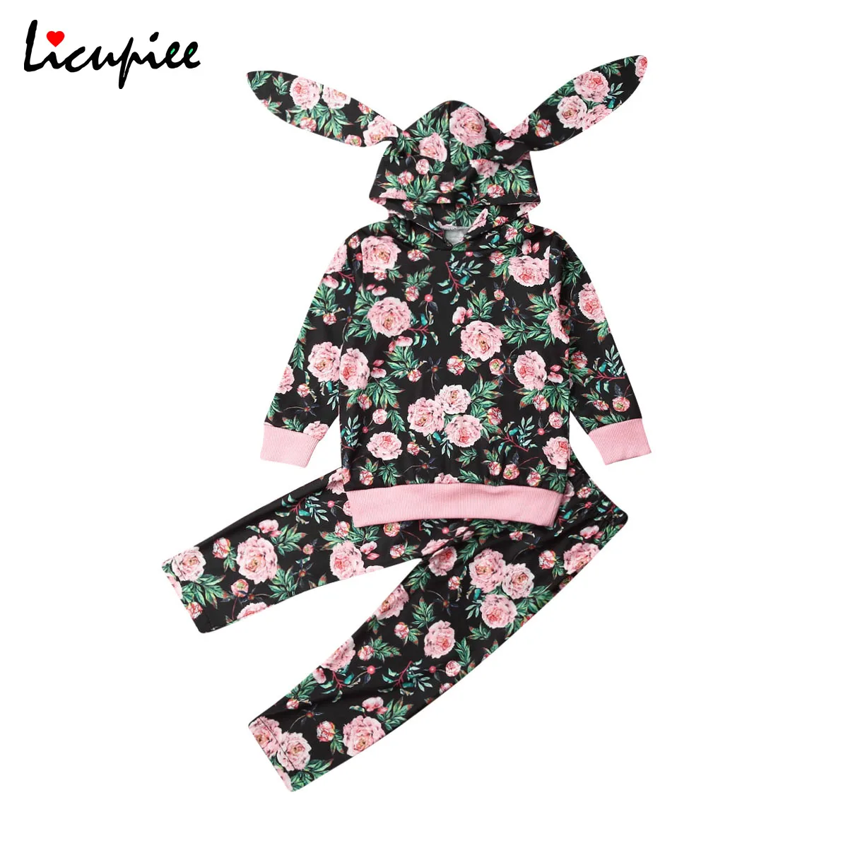 Одежда для новорожденных девочек топы с капюшоном и цветочным принтом + длинные