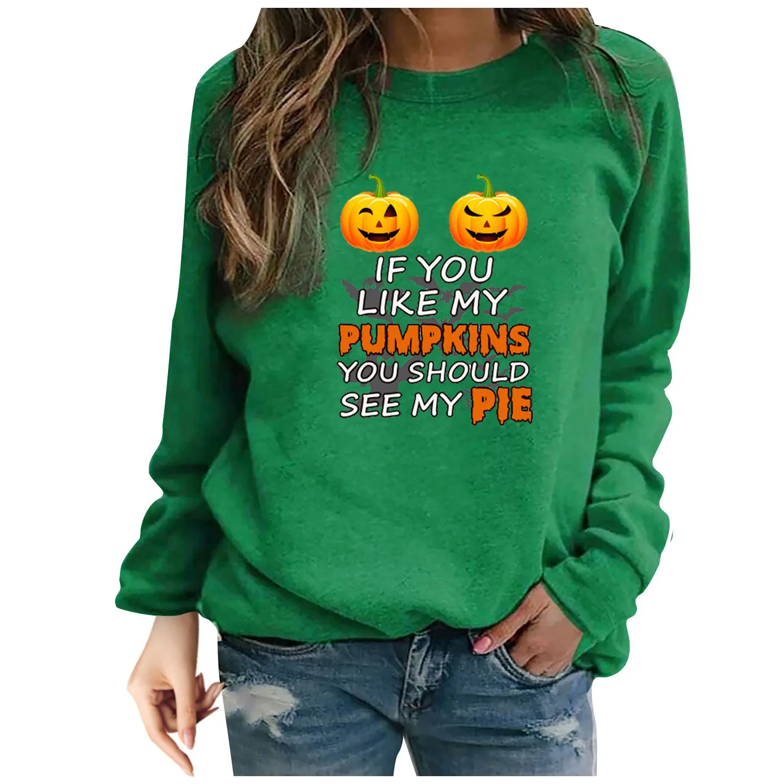 

Women Fashion Halloween Plus Size Print Round Neck Long Sleeved Blouse Harajuku loose preppy simple ins hooded sweatshirt
