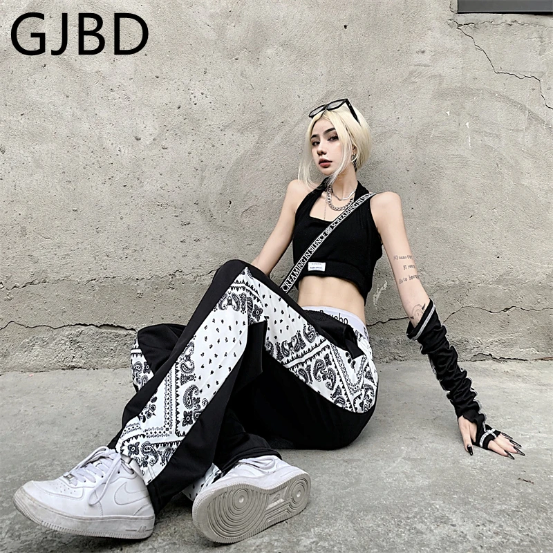 

Women's Sports Pants 2021 Summer Stitching Design Korean Fashion Streetwear Baggy Straight Trouser Casual Black Wide Leg Pants