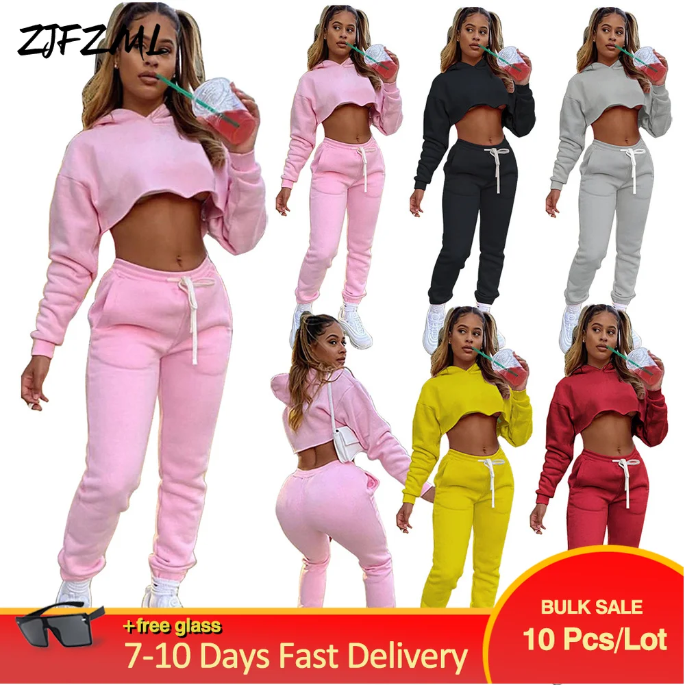 

Wholesale Bulk Items Lots Fashion Plush Warm Women's Tracksuit Casual Hooded Long Sleeve Cropped Hoodies+Thicken Jogger Trousers