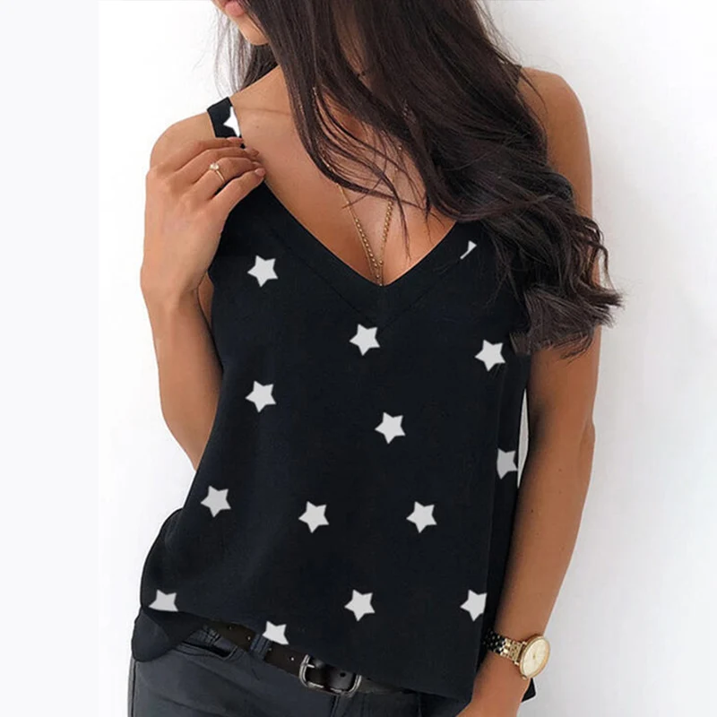 

Uefezo Stars Print Women Strap T-shirt Deep V-Neck Sleeveless Backless Slim Female T-shirts 2020 Summer Casual Ladies Tops
