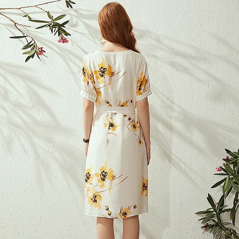 100% Silk Dress Strap Two-piece Printed Cross O Neck Short Sleeves belt Body Special Design Dresses Elegant New Fashion Style | Женская