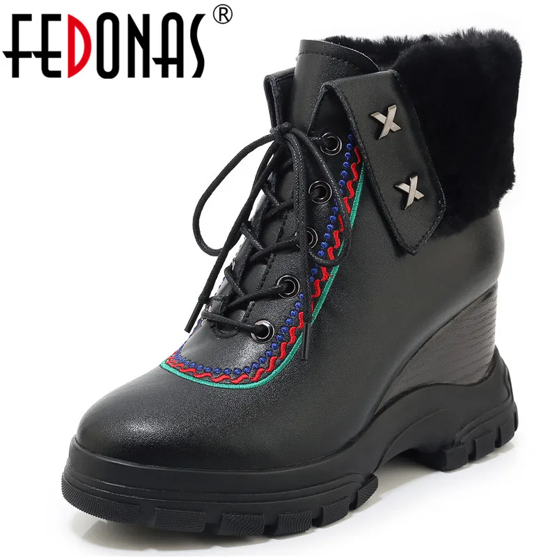 Женские ботильоны на танкетке FEDONAS черные Винтажные ботинки из натуральной кожи