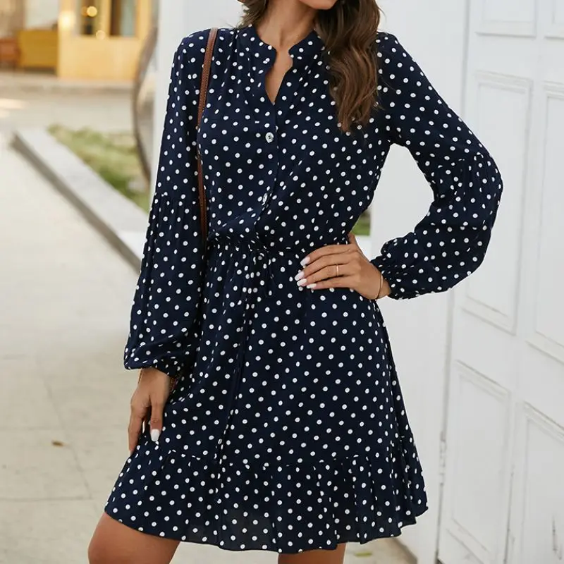 Модные платья новинка пуловер с воротником сексуальное платье в горошек