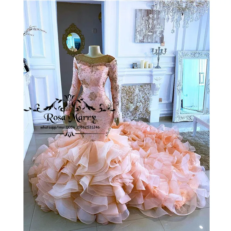 

Pink Cascading Ruffles Mermaid Wedding Dresses 2020 Plus Size Vintage Lace Long Sleeve Bellanaija Country Beach Vestido De Novia