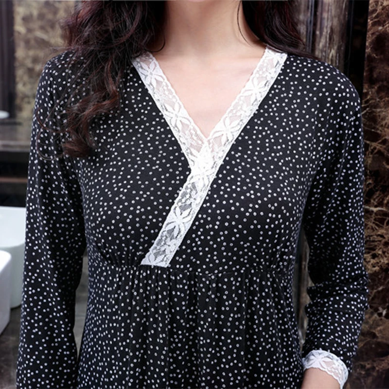 Nightdress for Women Lace Elegant Home Wear Nightgown Cotton Green Long Sleeve V-Neck Sleepdress Sleepshirt Nightwear Sexy Dress