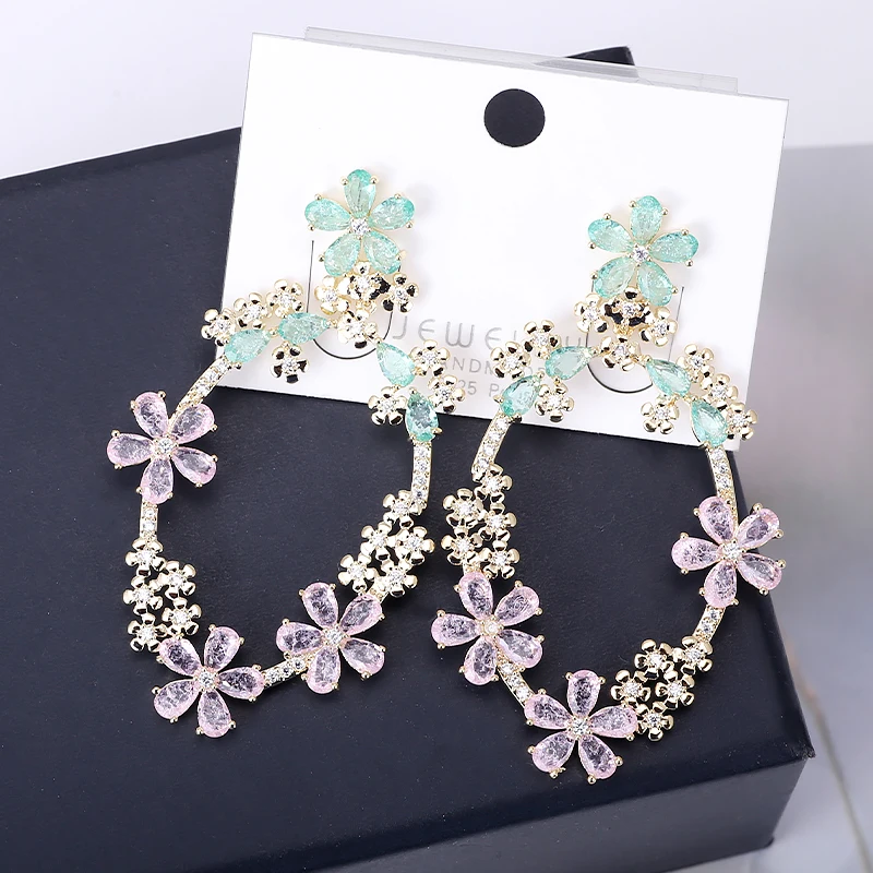 

XIUMEIYIZU Ice Stone Flower Design Full Mirco Pave Zircon Earrings Fashion Wedding Luxury Gold Plating Jewelry for Women Gift