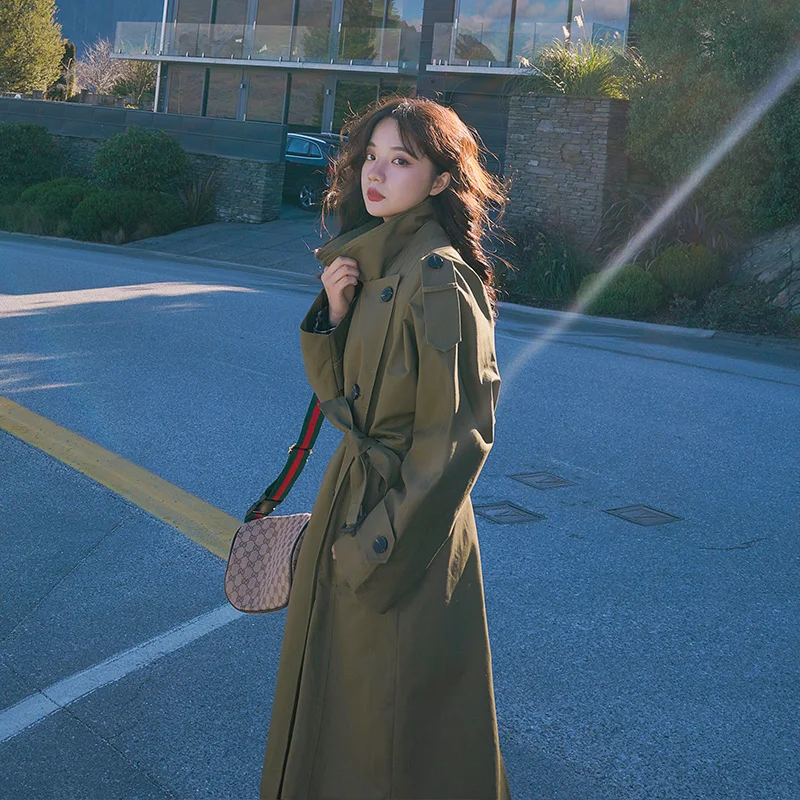 Женский двубортный Тренч армейского зеленого цвета офисный дамский плащ