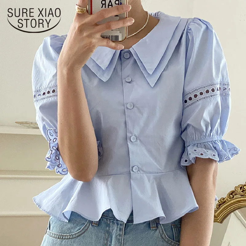 

Chic Hollow Out Short Sleeve Women Blouses Summer Turn-down Collar Elegant Woman Shirt Vintage Fashion Lace Tops Clothing 14858