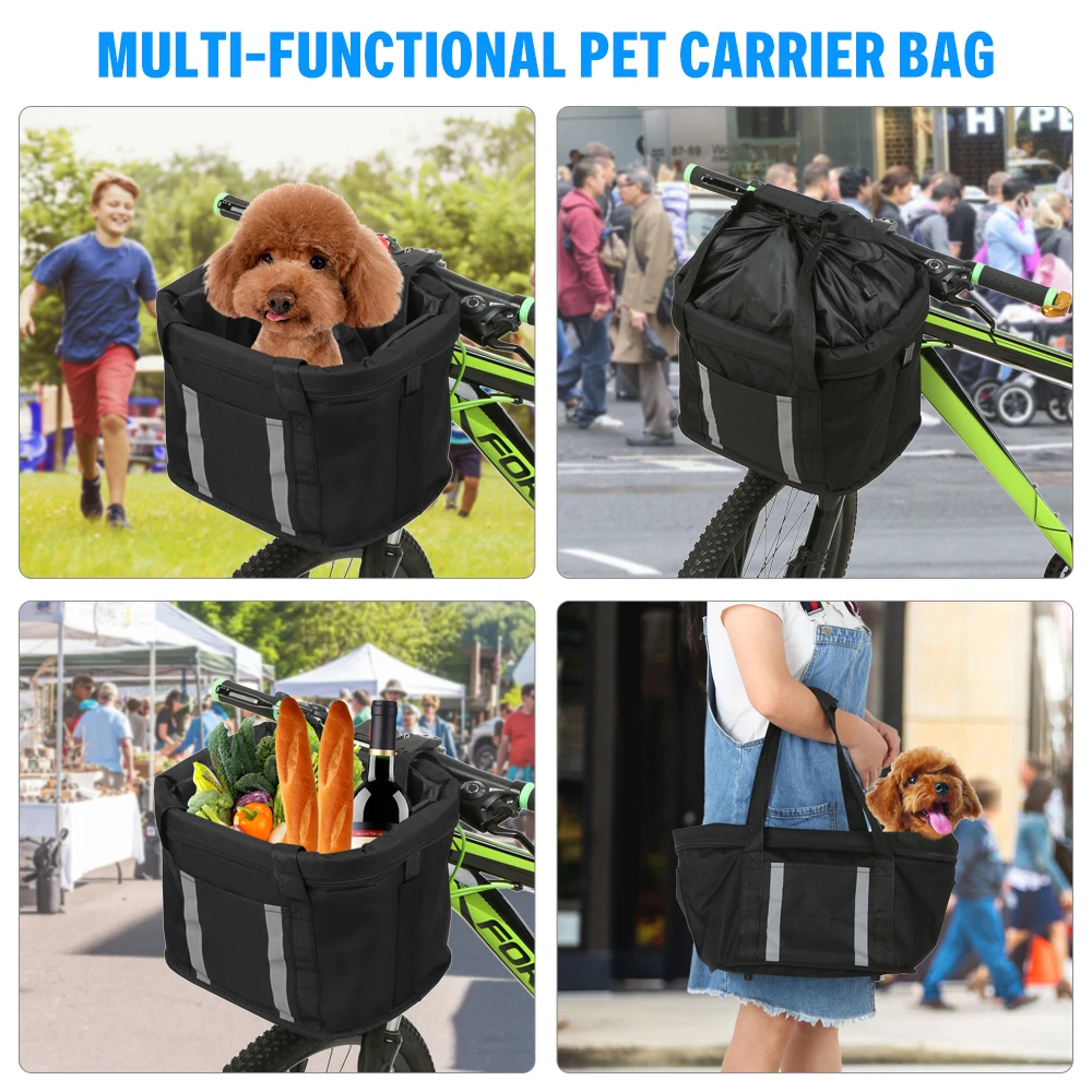 

Folding Bike Basket with Reflective Strips Detachable Handlebar Front Basket Pet Cat Dog Carrier Bag Commuting Shopping Basket