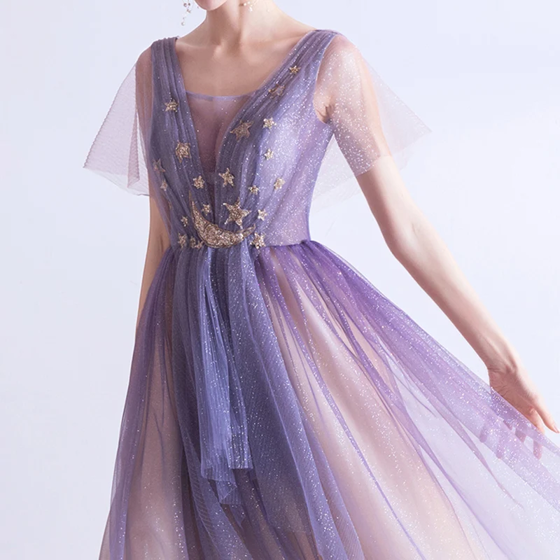 

Evening Dresses Illusion Pleat Sequined Embroidery Short A-Line Tulle Lace Floor-Length Luxury Purple Women Formal Gown TS754