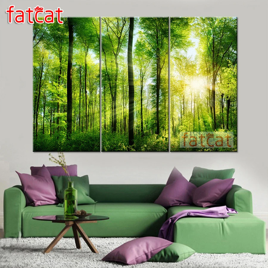 

FATCAT Green forest landscape Large triptych 5D Diy Diamond Painting full mosaic diamond Embroidery Sale home decoration AE2746