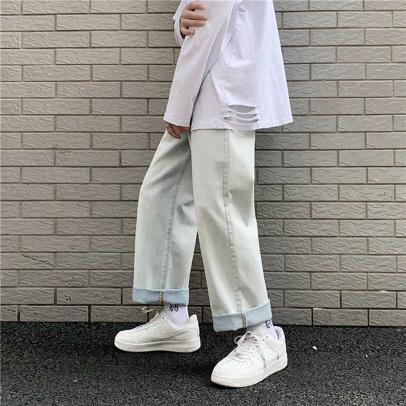 

Men Jeans Plus Size 3XL Korean Style Solid Mid-waist Long Straight Fashionable Washed BF Loose Students All-match Denim Trousers