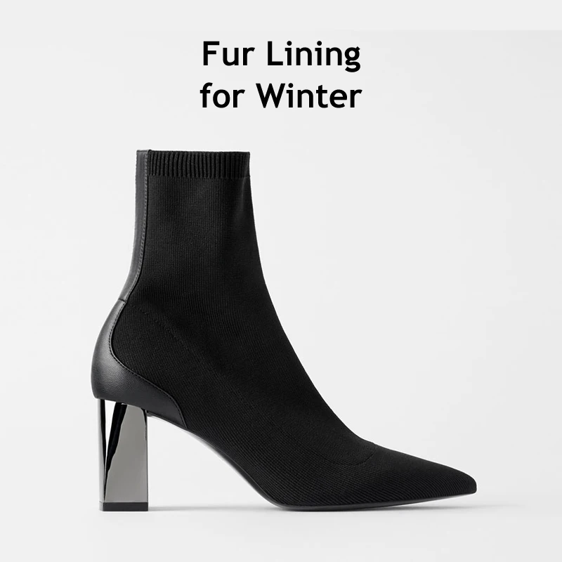 Black Fur Г., черные узкие эластичные вязаные сапоги-Носки женская зимняя обувь с острым носком на высоком каблуке женские ботильоны из натуральной кожи - Цвет: Black Fur
