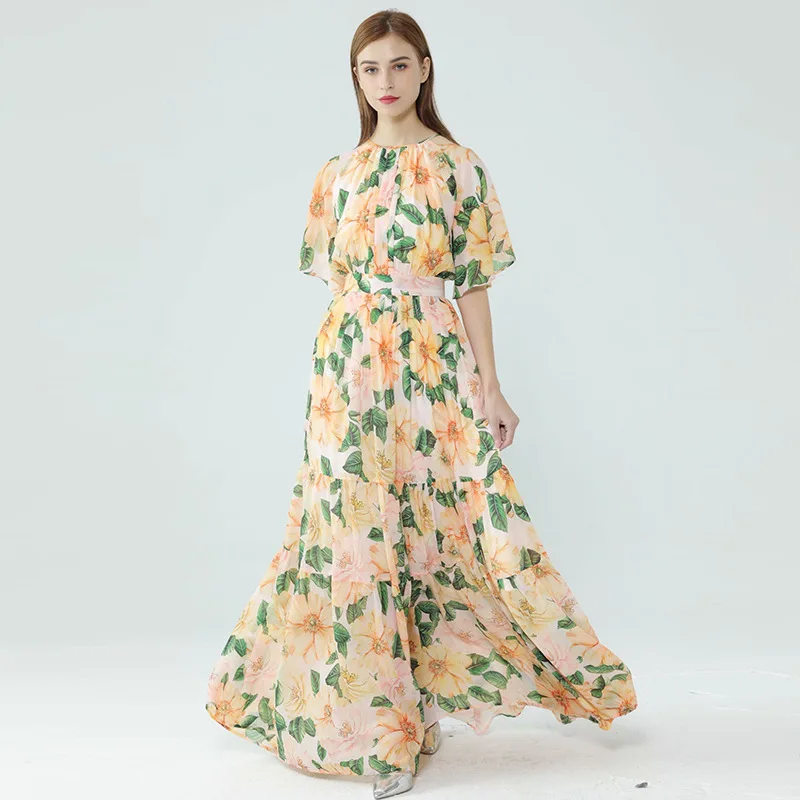 HIGH QUALITY Women's  Elegant  Silk Maxi Dress With Camellia Floral Print From Designer Inspired Fashion  2023